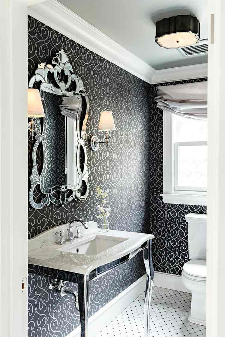 wc gaeste viktorianisch stil deko tapete schwarz weiss spiegel form edel