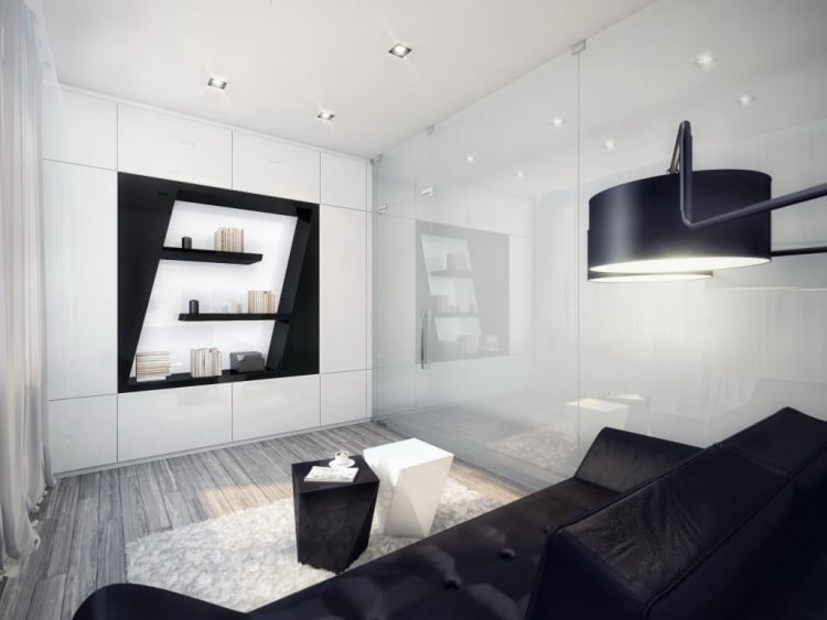 Weiße Wohnzimmermöbel -modern-minimalistisch-schwarz-kubisch-geometrisch-hochglanz-grau
