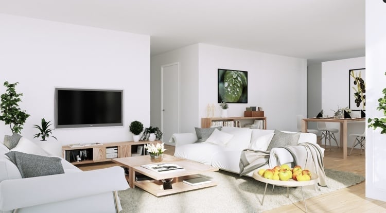Weiße Wohnzimmermöbel -modern-scandinawisch-couch-zwei-essbereich-tv-pflanzen-holz-einrichtung