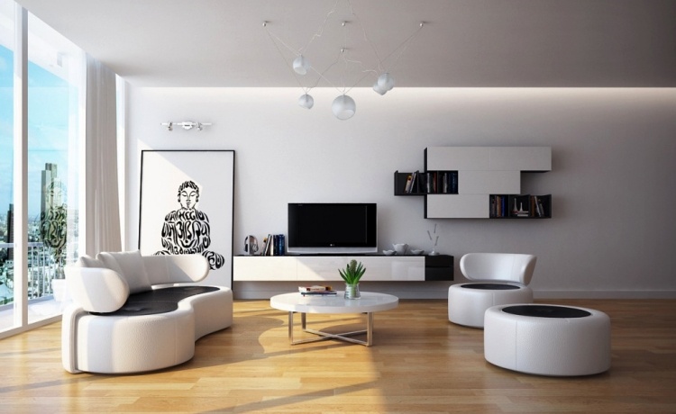 Weiße Wohnzimmermöbel -modern-schwarz-weiss-gewoelbt-wandmodule-holzboden