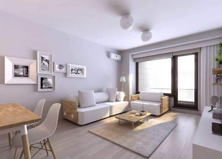 Weiße Wohnzimmermöbel -modern-skandinavisch-holzelemente-holzboden-esstisch-fenster-