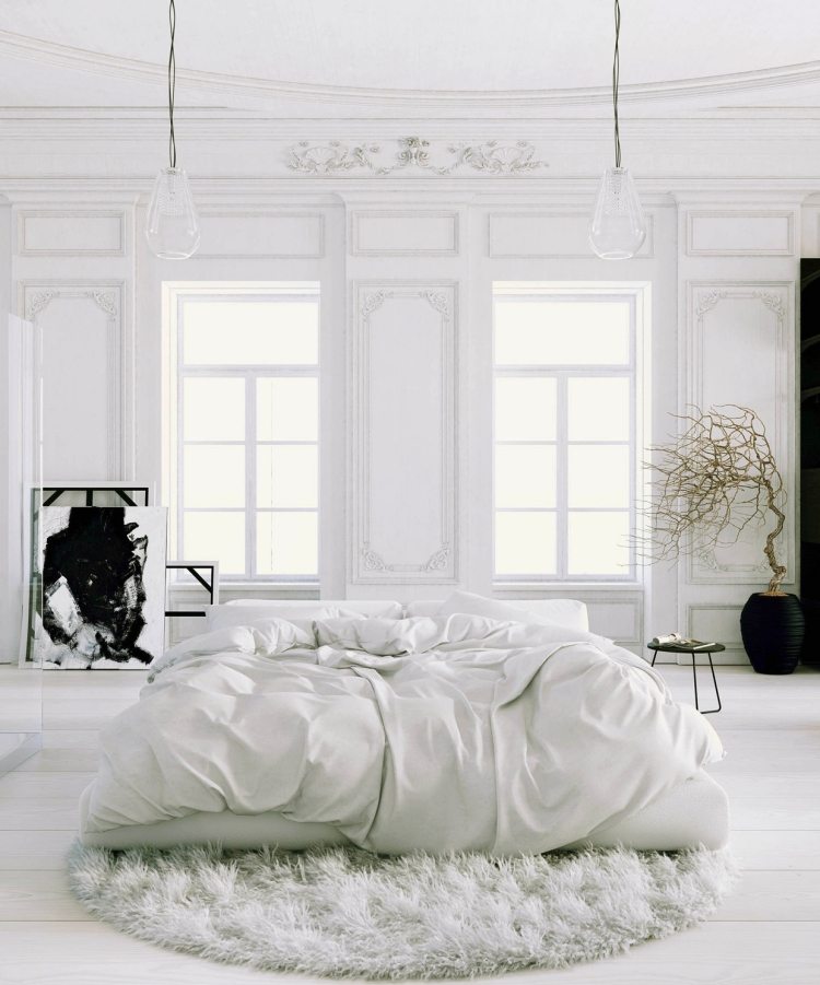 weiße-schlafzimmermoebel-stil-gestaltung-industriedesign-paris-wohnung-hohe-decke-bild-schwarz-schlicht