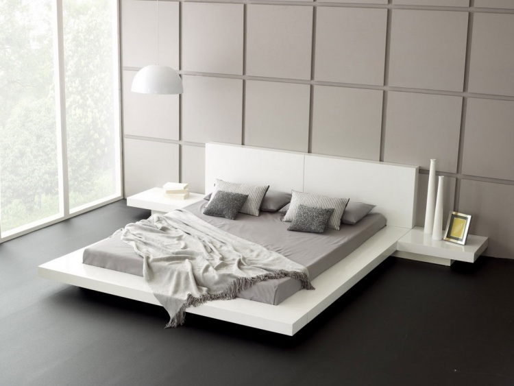 Weiße Schlafzimmermöbel -stil-gestaltung-minimalistisch-haengebett-haengeleuchte-nachtkonsole-grau-bettwaesche