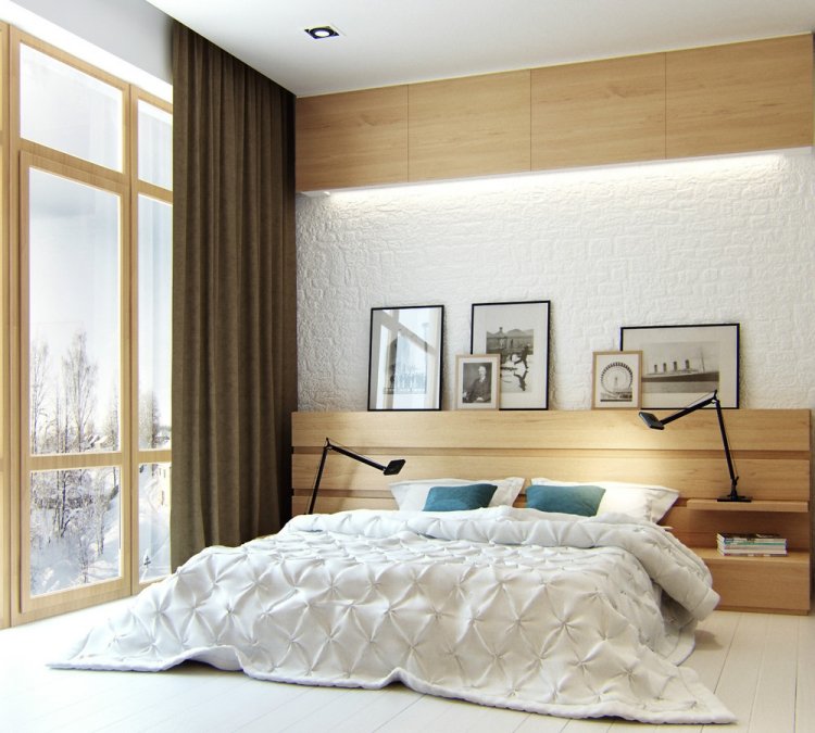 weiße-schlafzimmermoebel-stil-gestaltung-minimalistisch-holz-wand-bilder-schwarz-weiss-fenster