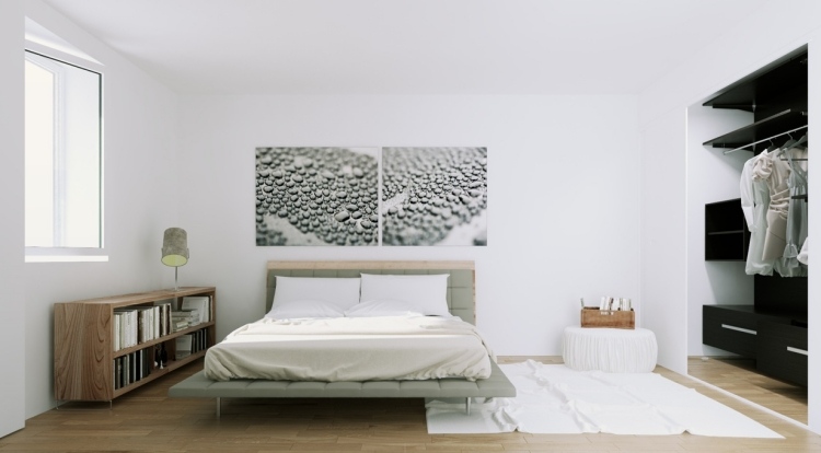 weiße-schlafzimmermoebel-stil-gestaltung-minimalistisch-holzboden-beige-grau-monochrom-farben