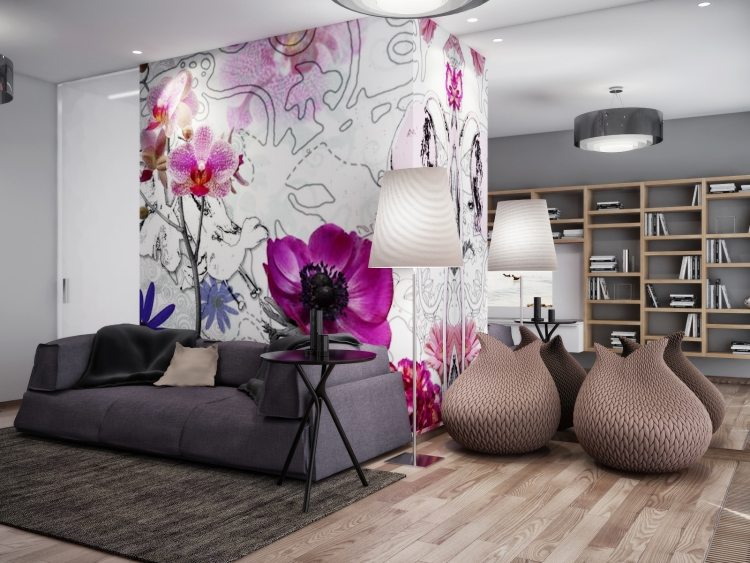 wohnzimmer-farblich-gestalten-fototapete-orchideen-graue-wandfarbe