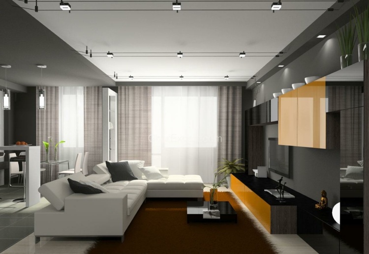 wohnzimmer licht lampen decke wohnwand gelb weiss couch