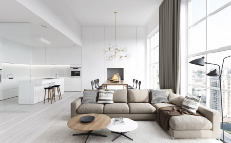 wohnzimmer modern beige vorahenge grau kueche weiss hochglanz kamin