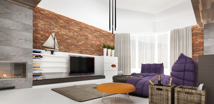 wohnzimmer modern lila sofa couchtisch orange lowboard fernseher kamin stein