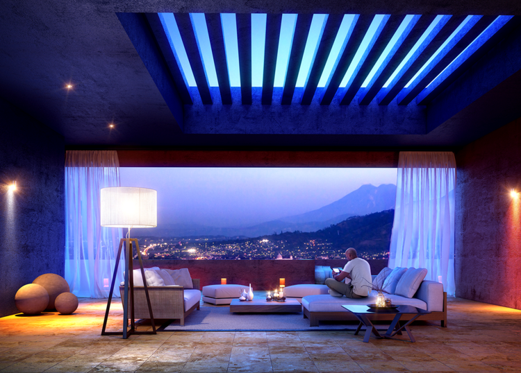 wohnzimmer modern neon blau beleuchtung stehlampe teppich vorhaenge