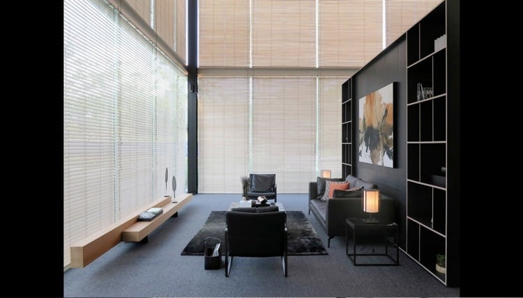 wohnzimmer modern regal schwarz sitzbereich teppich leder sofa jalousien