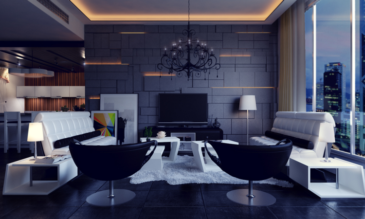 wohnzimmer modern violett kronleuchter sessel weiss couch fernseher