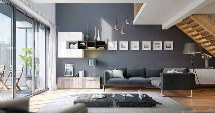 wohnzimmer modern wand grau teppich sideboard fenster treppe monochrom holz