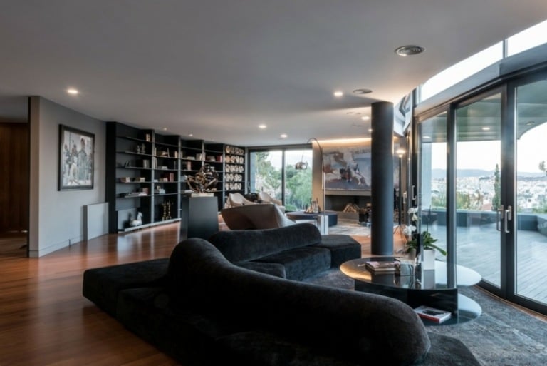 wohnzimmer schwarz grauem wohnung couch abstrakt wand rund terrassentuer