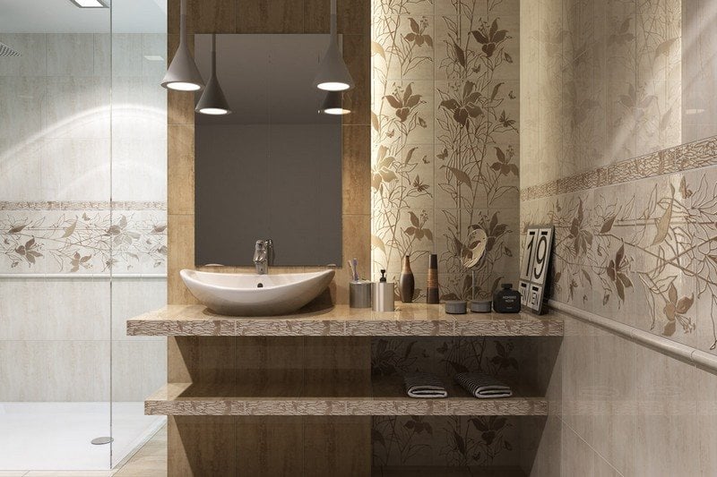Badezimmer-beige-gestalten-Aufsatzbecken-Wandfliesen-modern