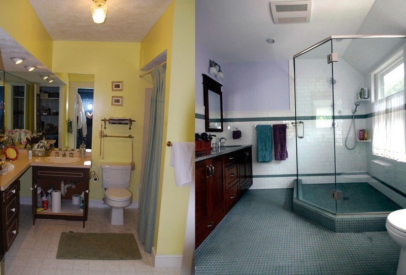 Badezimmer-renovieren-Bodenfliesen-gruen-Glas-Duschkabine