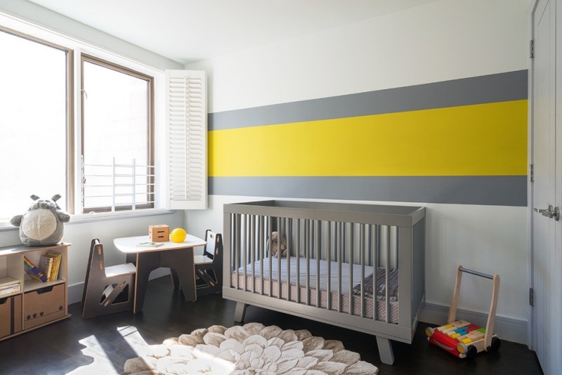 Einrichten-Grau-Gelb-Babyzimmer-Wandstreifen-Ideen