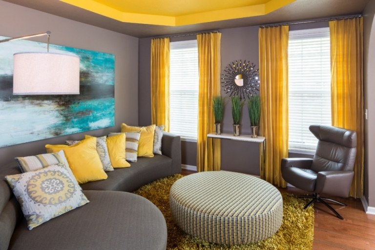 Einrichten in Grau und Gelb Wandfarbe-Deckengestaltung-Beispiele