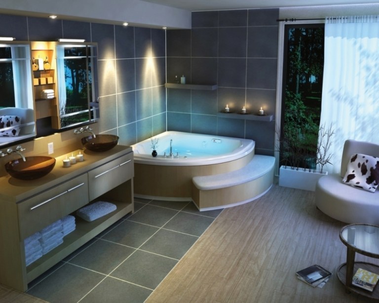 Holzboden-Badezimmer-Fliesen-Granit-Eckwanne