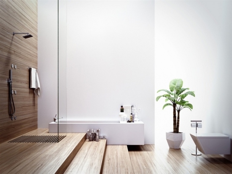 Holzboden-Badezimmer-Ideen-Badewanne-Duschkabine-bodengleich-Glaswand