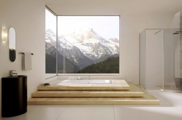 Holzboden-Badezimmer-Ideen-Treppen-Waschbecken-Glasfronten