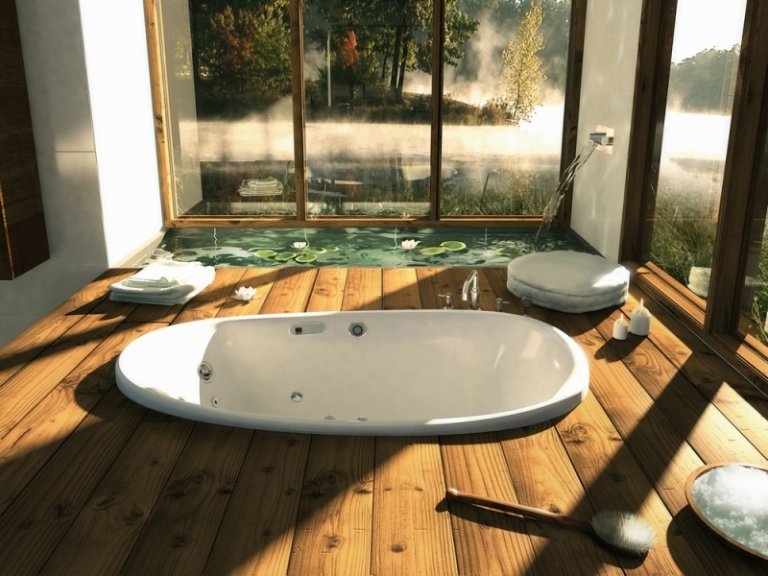 Holzboden im Badezimmer-massiv-Einbauwanne-wasserfest-bestaendig