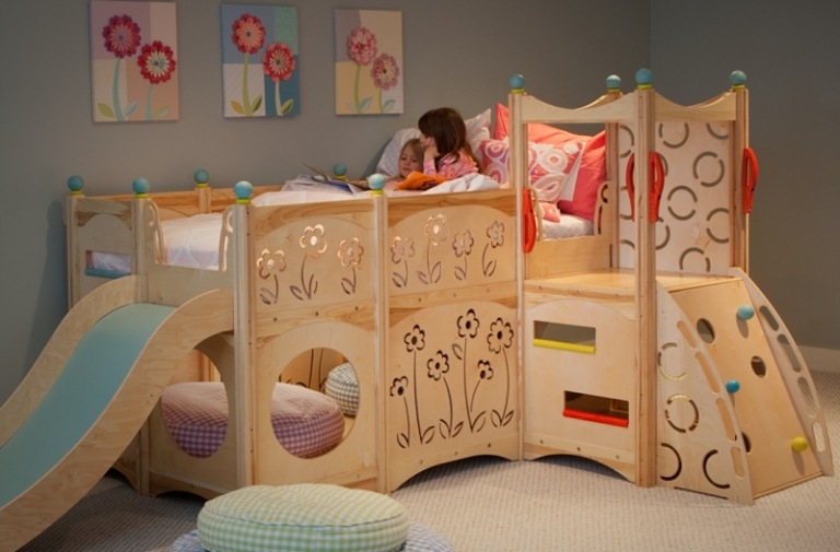 Kinderbett-Babyzimmer-Rutsche-Kletterwand-Blumen-Spielbett