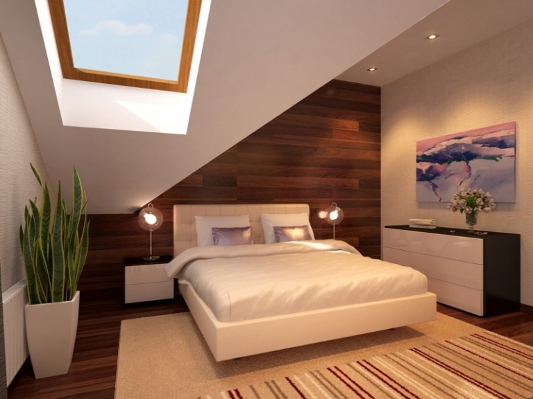 Schlafzimmer-Dachschraege-gestalten-Holzwand-Ideen-Bett