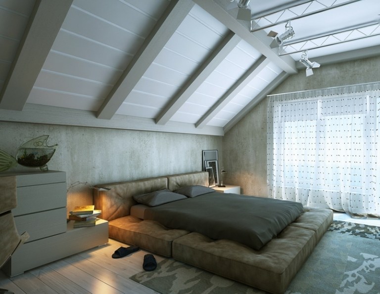 Schlafzimmer mit Dachschraege gestalten modern-platzsparend