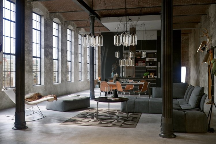 apartment design im industriellen stil beton fussboden couch grau edison gluehbirnen