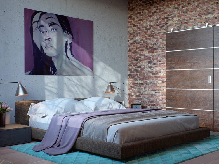 apartment design im industriellen stil ziegelstein rot schlafzimmer wand