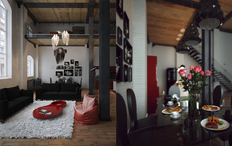apartment design industriellen stil akzente rote farbe wohnung sessel
