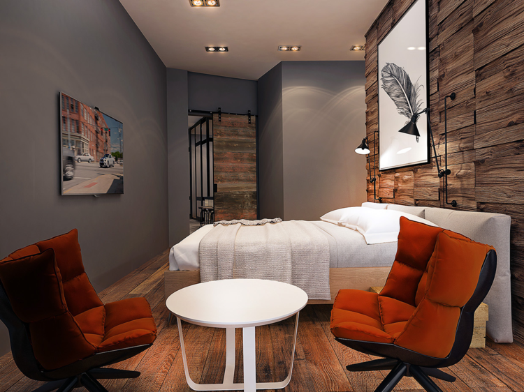 apartment design industriellen stil bett weiss sessel orange polster beistelltisch