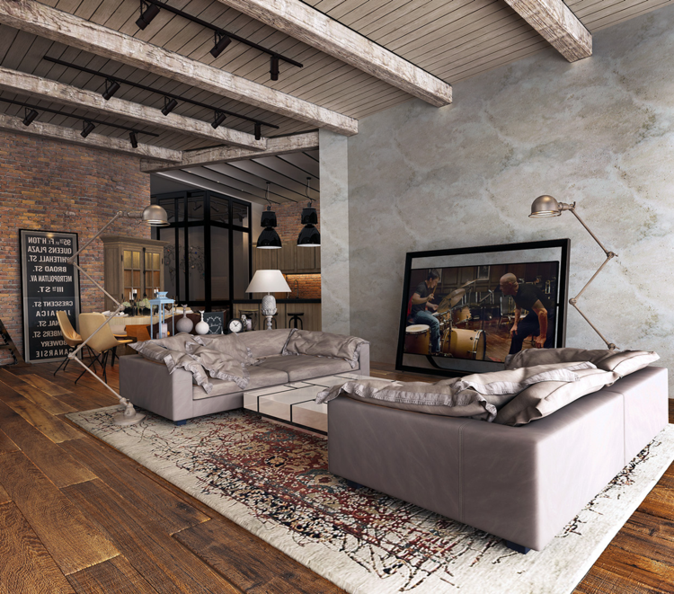 apartment design industriellen stil decke holz teppich couch bild