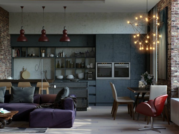 apartment design industriellen stil kueche grau esstisch holz pendelleuchten