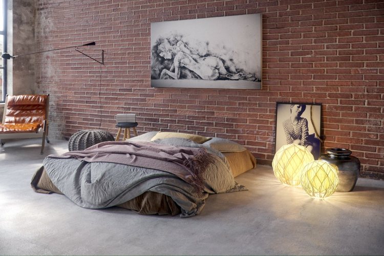 apartment design industriellen stil kunst schlafzimmer deko lampen beton fussboden