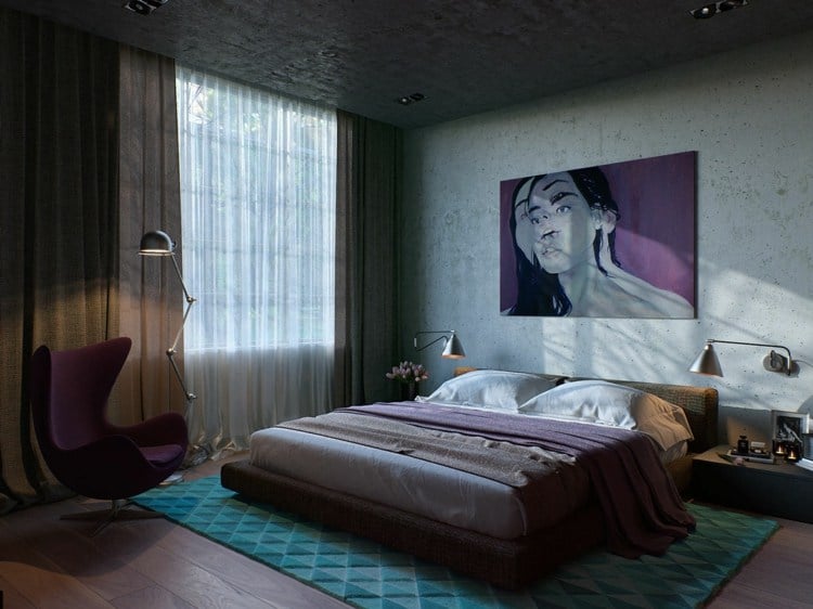 apartment design industriellen stil lila farben teppich tuerkis bett schlafzimmer
