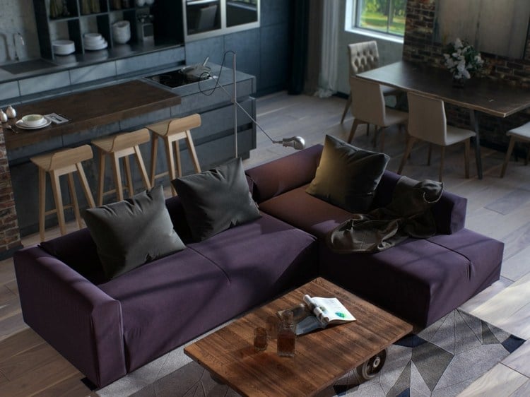 apartment design industriellen stil purpur kuecheninsel teppich grau