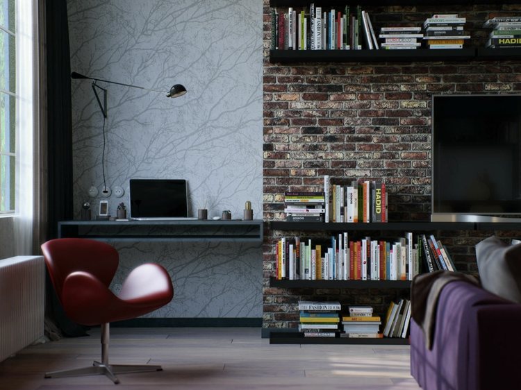 apartment design industriellen stil schreibtischstuhl rot leder regal wohnwand