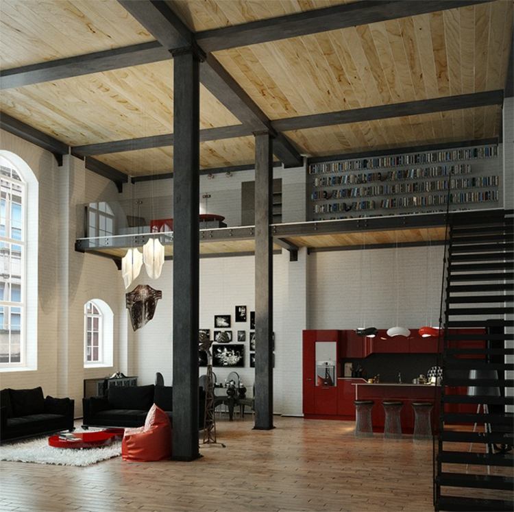 apartment design industriellen stil sitzbereich schwarz couch hochglanz kueche rot