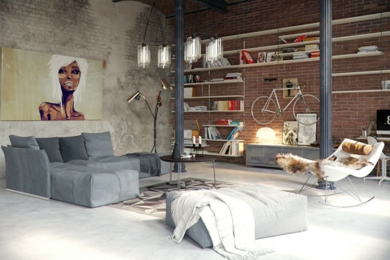 apartment design industriellen stil wohnzimmer regal ziegelstein wand fahrrad
