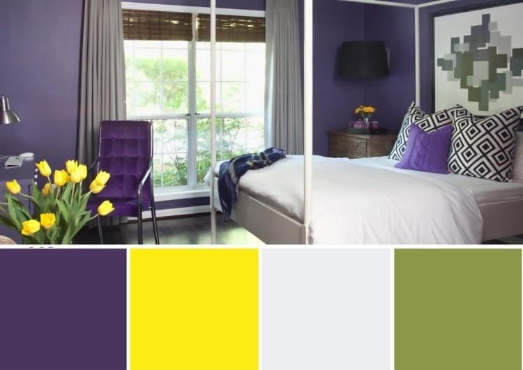 aubergine-farbe-kombinieren-schlafzimmer-gelb-gruen-hellgrau