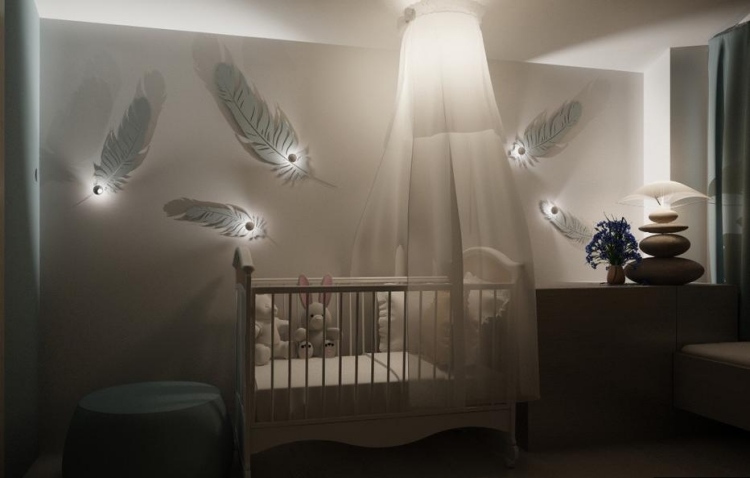 Babyzimmer Deko wandleuchten-feder-licht-schatten-spiel-himmelbett