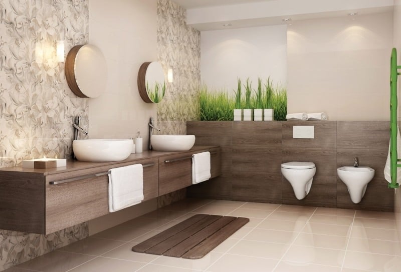 badezimmer-beige-braun-florale-dekorfliesen-holz-waschtisch-natur-look