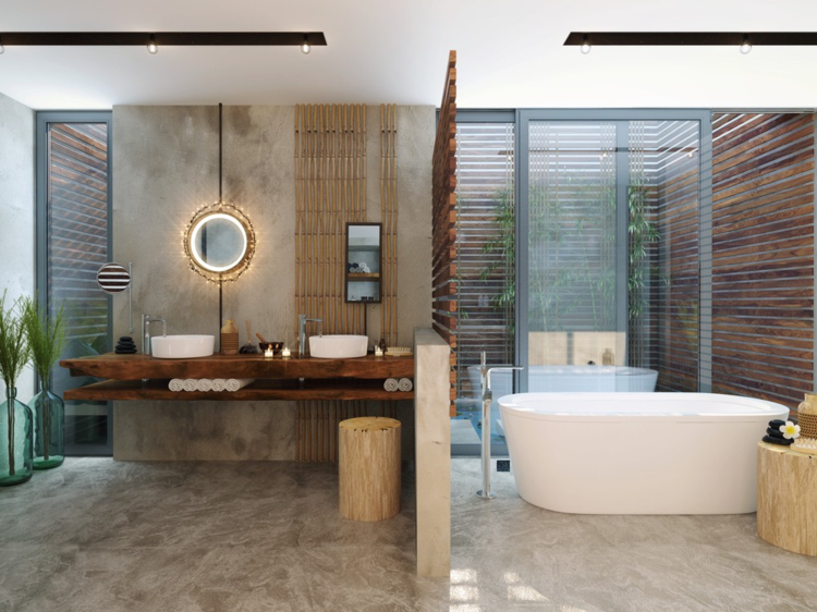 badezimmer luxus fussboden marmor idee holzlamellen trennwand