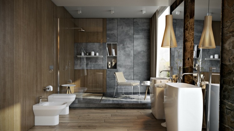 badezimmer luxus marmor holz gestaltung pendelleuchte toilette