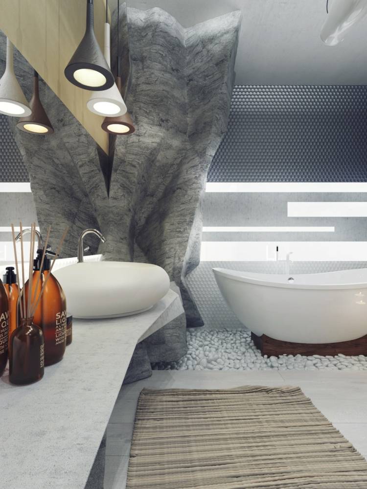 badezimmer luxus marmor konsole rund waschbecken flaschen rustikal deko