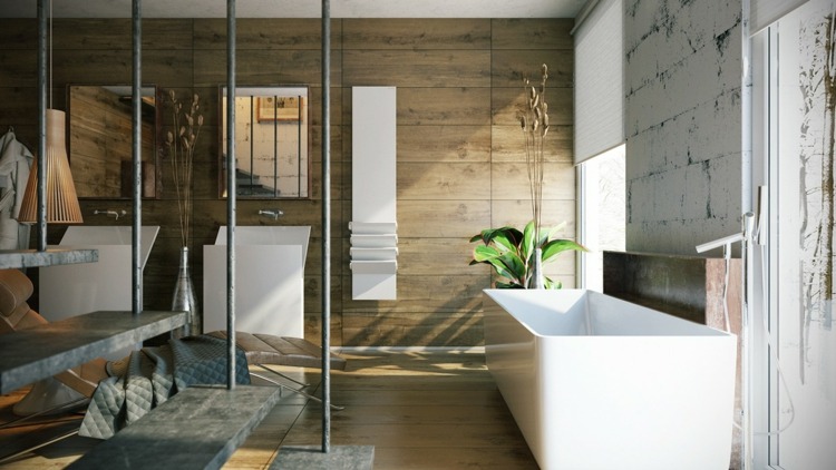 badezimmer luxus treppenbereich stangen badewanne pflanze