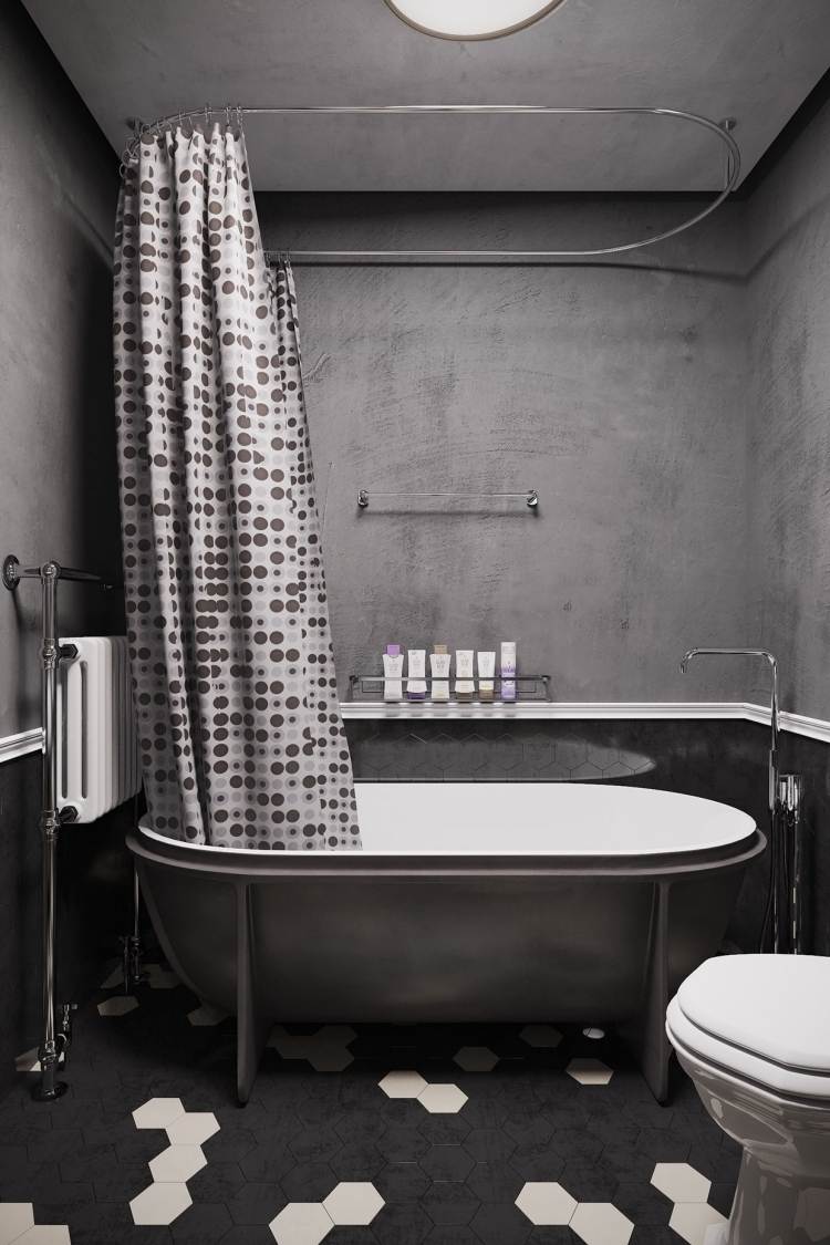 beste Farbe für Badezimmer -schwarz-weiss-sechseck-fliesen-freistehend-badewanne-armatur-duschvorhang-punkten