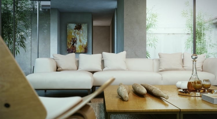 couchtische-massivholz-wohnzimmer-modern-ledercouch-beige-hell-teppich-fensterwaende-betonwaende
